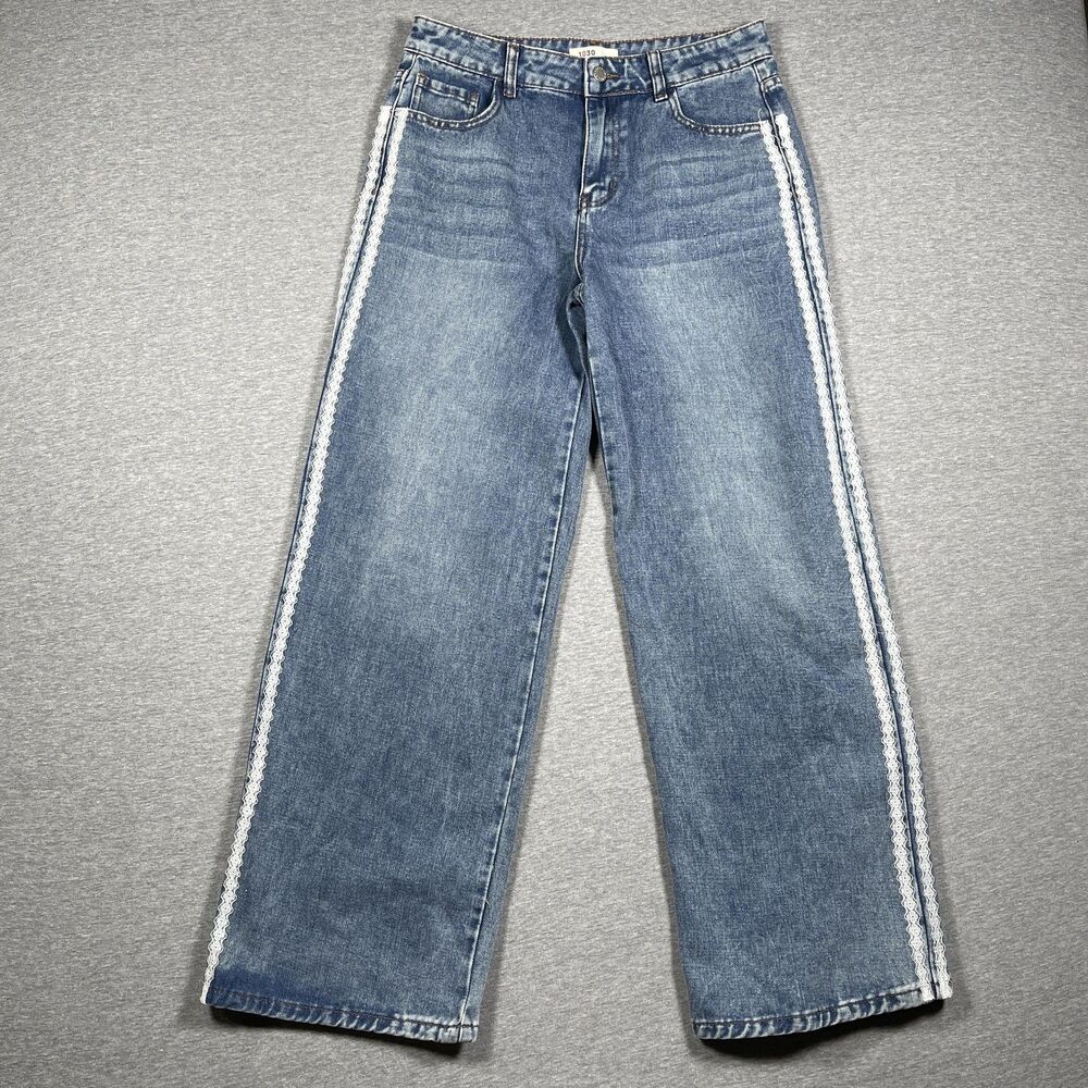 1030 T.E.N.T.H.I.R.T.Y Jeans Womens 7/28 Blue Wide Leg High Rise Lace Denim Y2K